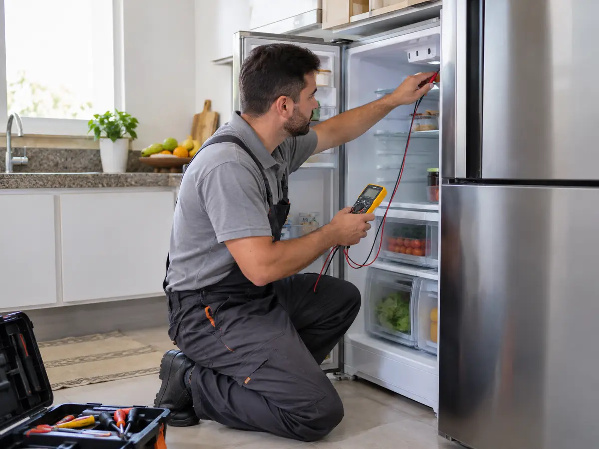 Técnico realizando diagnóstico em uma geladeira doméstica