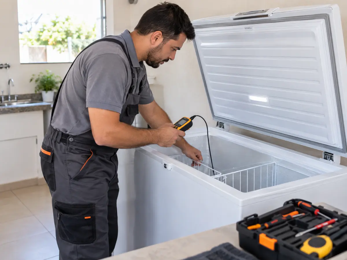 Técnico avaliando o funcionamento de um freezer horizontal
