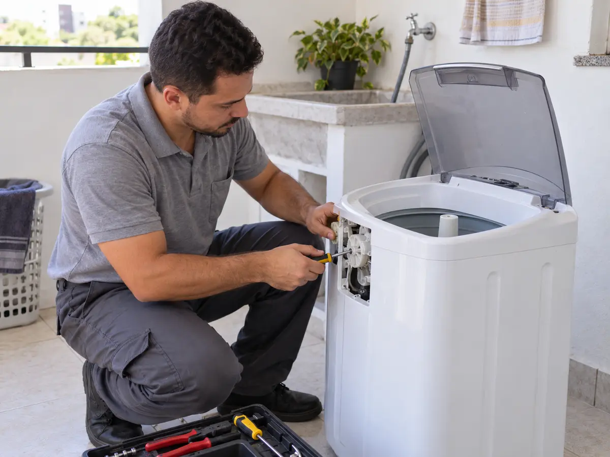 Técnico reparando um tanquinho de lavar roupas