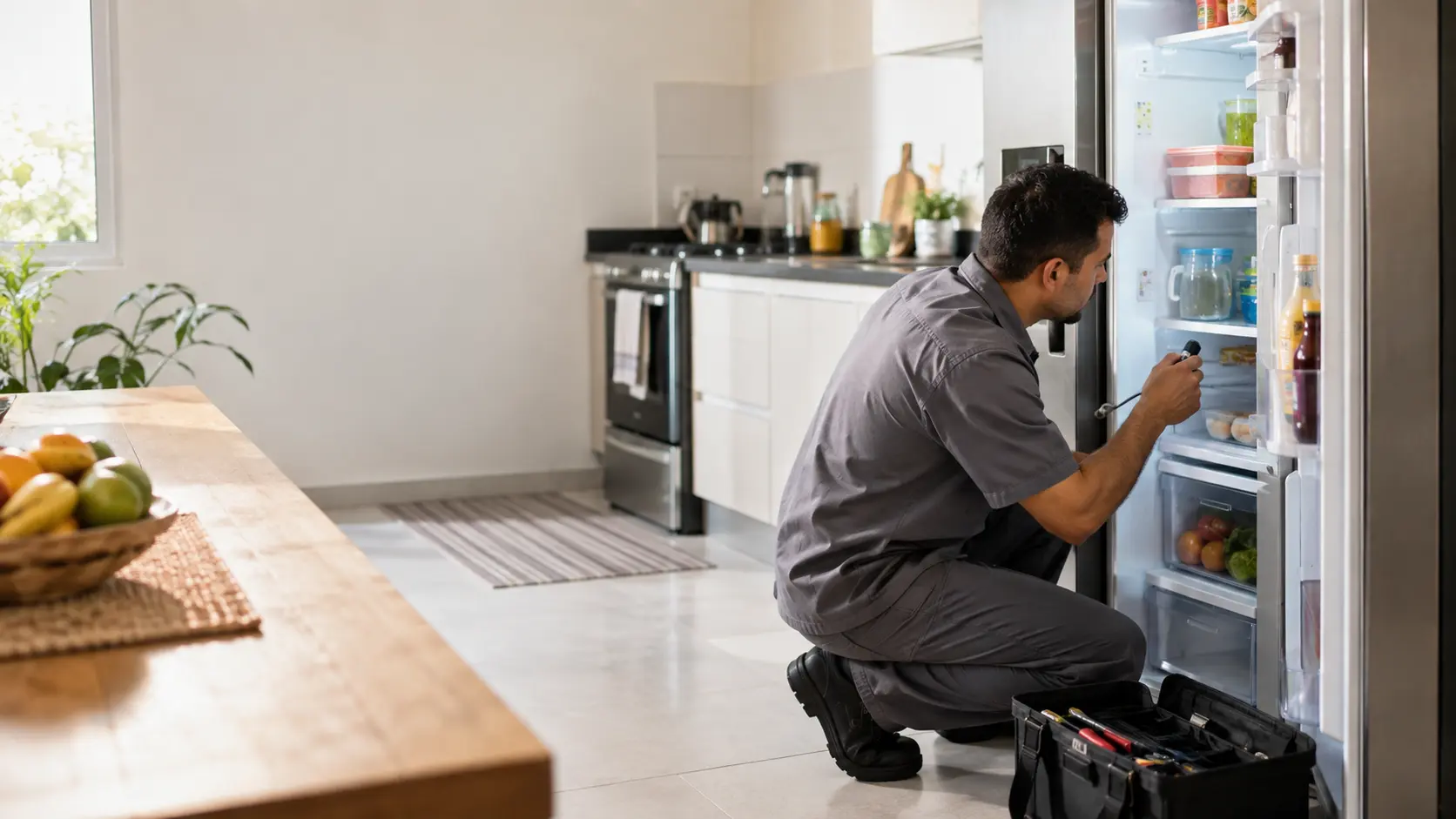 Técnico avaliando uma geladeira em atendimento domiciliar